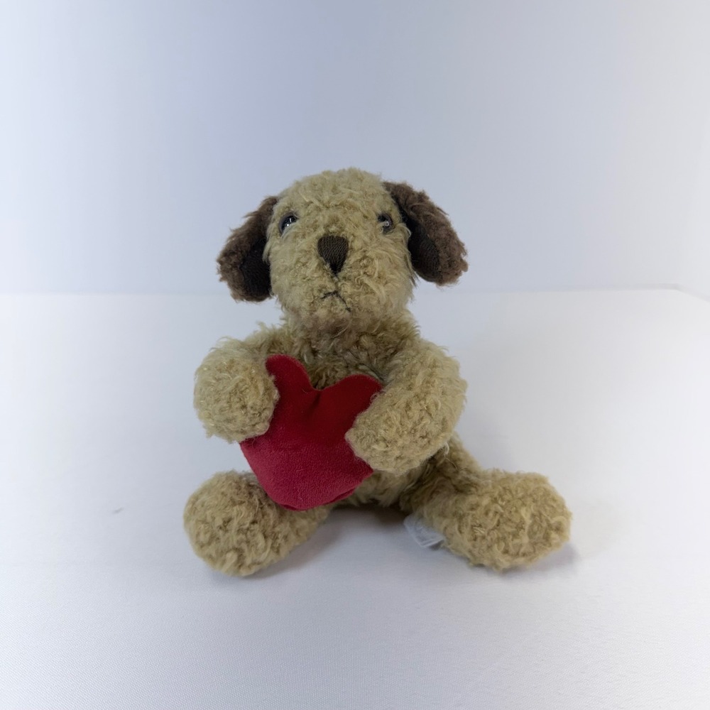 Vintage Old Navy Puppy Dog Plush Toy Tan Brown Holding Red Heart Valentines